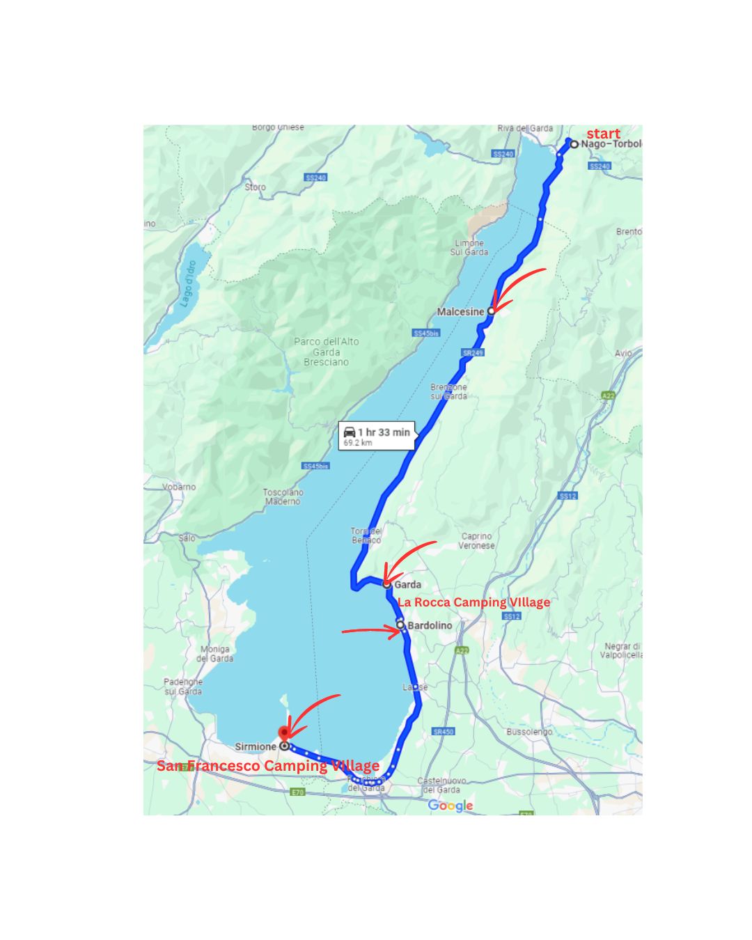 Mapa Mapa trasy z Nago-Torbole do San Francesco Camping Village u jezera Garda, Itálie. Trasa o délce 69,2 km trvá 1 hodinu a 33 minut. Hlavní zastávky zahrnují La Rocca Camping Village u Gardy a Bardolino.